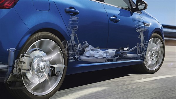 A blue color Renault car that displays the functionality of the wheels stating EasyLife