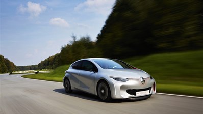 A front corner view of the Renault EOLAB concept car running on the road