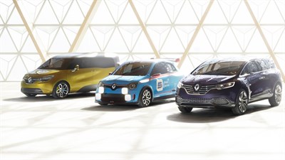 Three Renault concept cars parked parallel with isometric triangles background